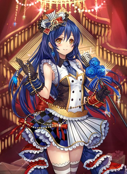 Anime picture 1000x1367 with love live! school idol project love live! school idol festival sunrise (studio) love live! sonoda umi madogawa single long hair tall image looking at viewer blush fringe smile hair between eyes standing holding blue hair looking away indoors sparkle