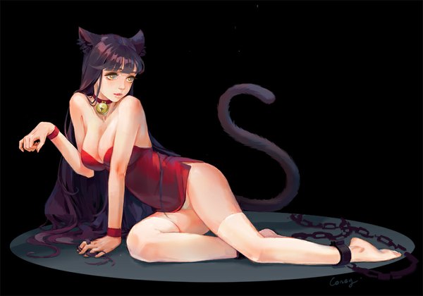 Anime picture 900x631 with original coney single long hair fringe breasts light erotic large breasts bare shoulders signed animal ears purple hair tail parted lips animal tail looking back aqua eyes fingernails lips cat ears