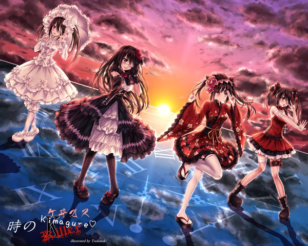 Anime picture 2000x1600 with date a live tokisaki kurumi tsubasaki long hair looking at viewer blush fringe highres open mouth black hair smile hair between eyes red eyes standing twintails multiple girls holding signed sky cloud (clouds)