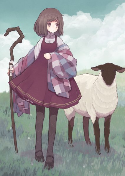 Anime picture 900x1273 with original aoyagi neko single tall image blush short hair smile brown hair brown eyes looking away sky cloud (clouds) girl dress animal pantyhose staff shawl sheep