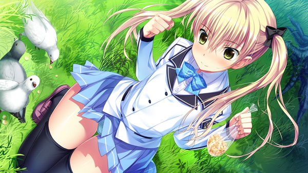 Anime picture 1280x720 with umisora no fragments shii anekawa single long hair blush light erotic blonde hair wide image twintails yellow eyes game cg girl thighhighs skirt uniform bow black thighhighs hair bow school uniform animal