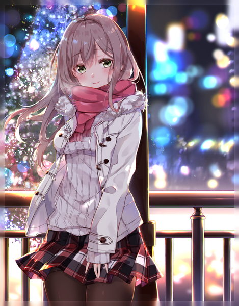 Anime picture 939x1200 with original recotasan single long hair tall image looking at viewer blush fringe hair between eyes brown hair standing green eyes outdoors head tilt pleated skirt light smile blurry open clothes fur trim plaid skirt