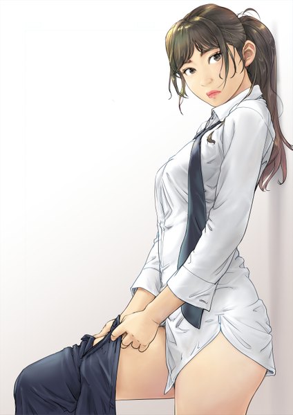 Anime picture 1073x1518 with original carina (xiaowoo) single long hair tall image fringe light erotic simple background brown hair white background brown eyes looking away ponytail dressing girl shirt necktie