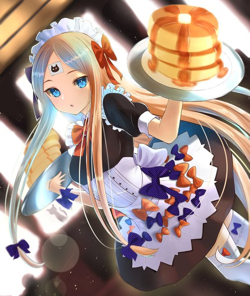 Anime picture 1250x1480 with fate (series) fate/grand order abigail williams (fate) inari (ambercrown) single long hair tall image looking at viewer blue eyes blonde hair :o maid alternate costume puffy sleeves lens flare underbust dust girl thighhighs uniform
