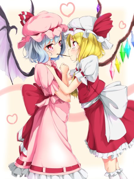 Anime picture 2000x2666 with touhou flandre scarlet remilia scarlet maimai11 tall image blush highres short hair blonde hair red eyes multiple girls blue hair pocky kiss girl dress skirt 2 girls wings food heart