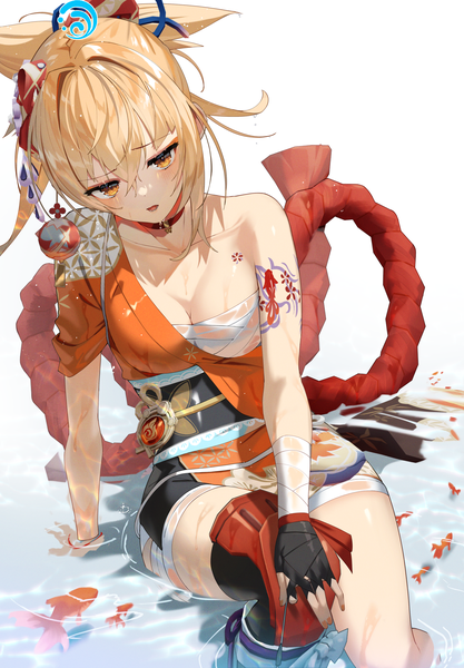 Anime picture 1738x2500 with genshin impact yoimiya (genshin impact) scottie (phantom2) single tall image looking at viewer blush fringe highres short hair breasts open mouth light erotic blonde hair hair between eyes sitting traditional clothes japanese clothes arm support wet