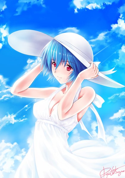 Anime picture 1000x1425 with neon genesis evangelion gainax ayanami rei dopollsogno single tall image short hair red eyes signed blue hair cloud (clouds) girl hat sundress