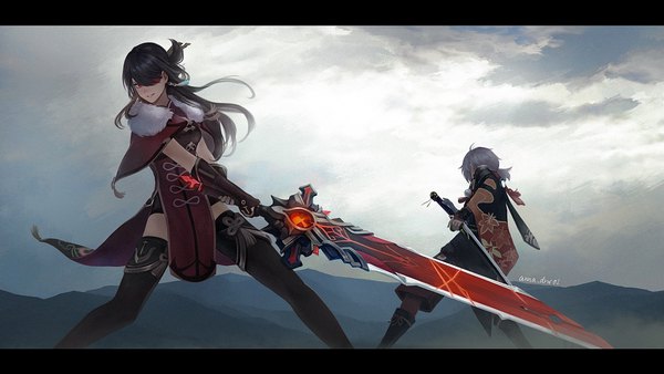Anime picture 3029x1705 with genshin impact beidou (genshin impact) kaedehara kazuha anna (drw01) long hair fringe highres black hair red eyes wide image standing signed sky silver hair outdoors from behind hair over one eye fur trim letterboxed mountain