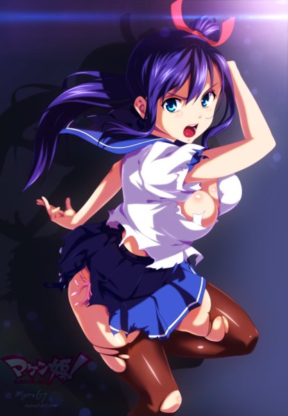 Anime picture 900x1301 with maken-ki! amaya haruko eroishi single long hair tall image open mouth blue eyes light erotic purple hair pleated skirt inscription coloring torn clothes hieroglyph light girl thighhighs skirt uniform