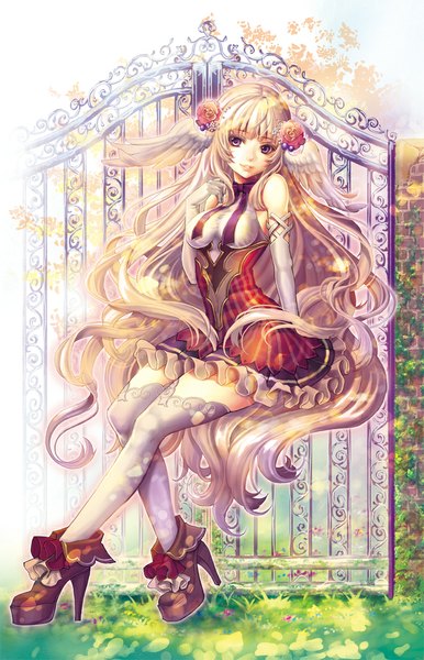 Anime picture 683x1062 with original okuma mai single long hair tall image blonde hair purple eyes high heels head wings girl thighhighs dress gloves hair ornament plant (plants) white thighhighs wings elbow gloves shoes