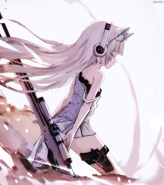 Anime picture 953x1080 with girls frontline original awp (girls frontline) (dyolf) nekoya (liu) single long hair tall image fringe blue eyes simple background standing bare shoulders signed animal ears looking away white hair tail blunt bangs animal tail profile
