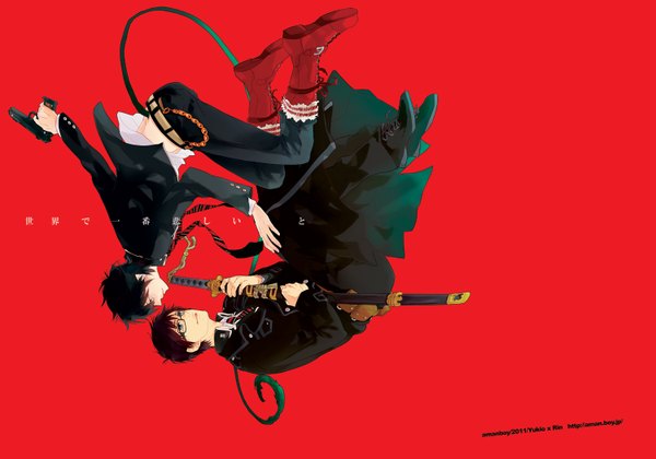 Anime picture 1500x1052 with ao no exorcist a-1 pictures okumura rin okumura yukio sotoko (artist) short hair black hair simple background brown hair red background demon tail falling boy uniform weapon school uniform sword glasses boots katana