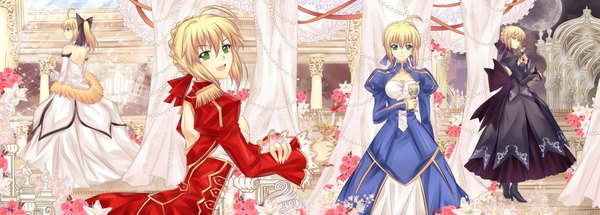 Anime picture 2225x800 with fate (series) fate/stay night fate/extra fate/unlimited codes studio deen type-moon artoria pendragon (all) saber nero claudius (fate) (all) saber alter nero claudius (fate) saber lily riyun long hair looking at viewer blush highres open mouth blonde hair wide image