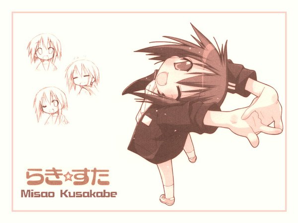 Anime picture 1024x768 with lucky star kyoto animation kusakabe misao eyes closed one eye closed wink teeth fang (fangs) monochrome foreshortening perspective girl
