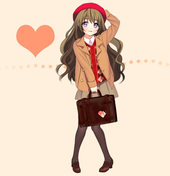 Anime picture 1250x1290 with original piyodera mucha single long hair tall image blush brown hair standing purple eyes full body light smile wavy hair girl skirt heart beret school bag