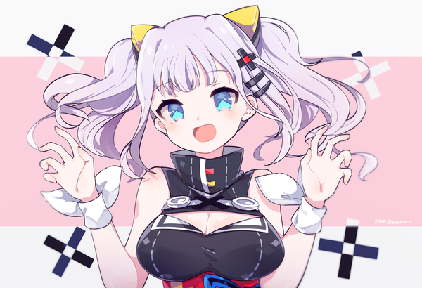 Anime picture 1316x900 with virtual youtuber the moon studio kaguya luna captain yue single long hair looking at viewer breasts open mouth blue eyes large breasts twintails bare shoulders cleavage silver hair upper body girl hair ornament