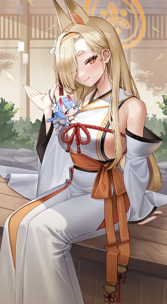 Anime picture 1200x2172 with blue archive kaho (blue archive) chise (blue archive) mellozzo single long hair tall image looking at viewer blush fringe breasts light erotic blonde hair smile large breasts sitting bare shoulders animal ears yellow eyes traditional clothes