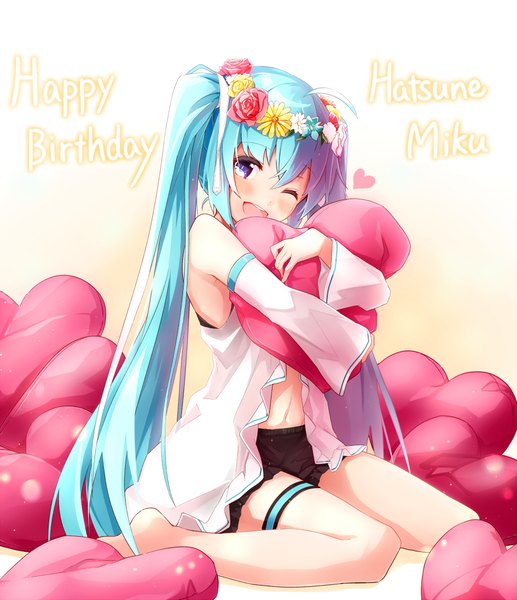 Anime picture 2000x2317 with vocaloid hatsune miku takanashi kei (hitsujikan) single long hair tall image fringe highres open mouth simple background smile hair between eyes sitting twintails purple eyes bare shoulders payot ahoge bent knee (knees) head tilt