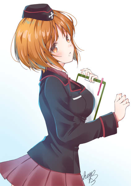 Anime picture 1000x1417 with girls und panzer nishizumi miho sheepd single tall image blush short hair simple background brown hair holding brown eyes signed pleated skirt gradient background girl skirt uniform military uniform red skirt field cap