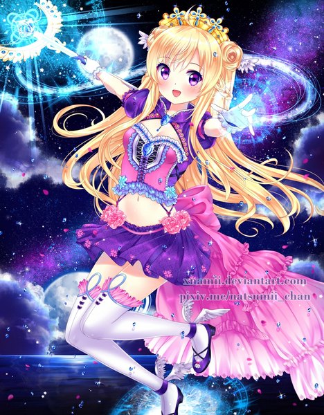Anime picture 781x1000 with nami (nyaa) single long hair tall image looking at viewer blush open mouth blonde hair smile purple eyes pleated skirt bare belly magical girl girl thighhighs skirt gloves navel miniskirt white thighhighs