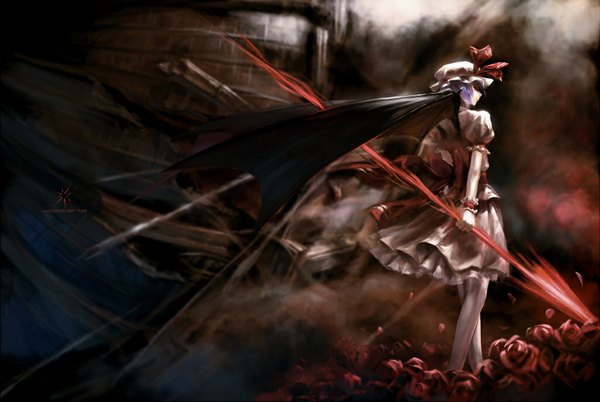 Anime picture 1024x687 with touhou remilia scarlet jq red eyes purple hair bat wings vampire girl flower (flowers) hat rose (roses) spear spear the gungnir