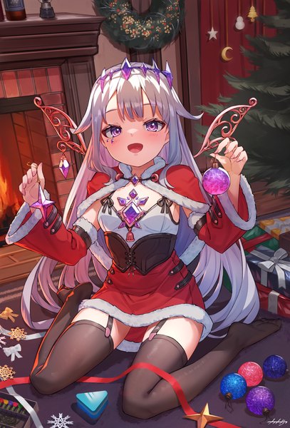 Anime picture 1304x1920 with virtual youtuber hololive hololive english koseki bijou arpeggio kaga single long hair tall image looking at viewer open mouth light erotic sitting purple eyes silver hair indoors :d wariza christmas girl thighhighs