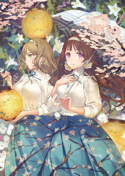 Anime-Bild 2342x3300 mit original eshi 100-nin ten kippu long hair tall image looking at viewer highres short hair brown hair purple eyes multiple girls green eyes looking away profile wind scan cherry blossoms girl dress skirt