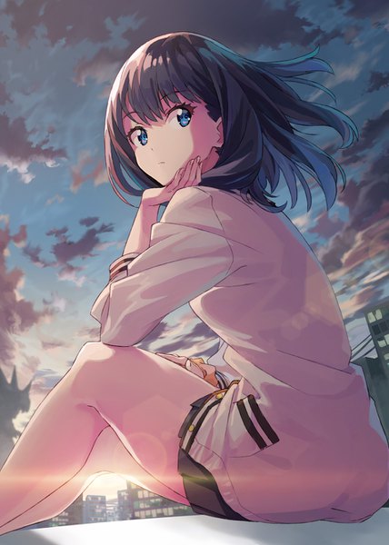 Anime picture 950x1332 with gridman universe ssss.gridman studio trigger takarada rikka k-me single long hair tall image fringe blue eyes black hair sitting looking away sky cloud (clouds) outdoors wind sunlight chin rest girl