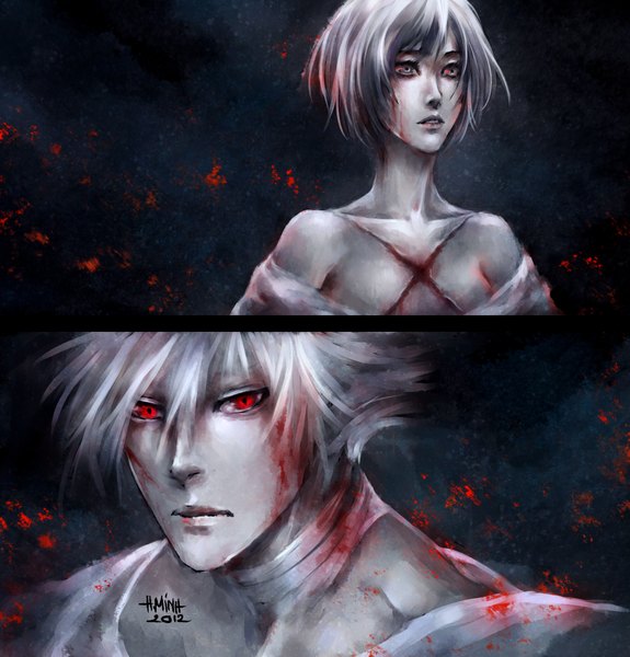 Anime picture 1916x2000 with dogs: bullets & carnage david production haine rammsteiner fuyumine naoto nanfe tall image highres short hair red eyes bare shoulders signed white hair grey hair grey eyes scar multiview girl boy blood bandage (bandages)