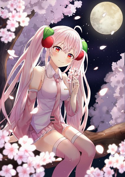 Anime picture 1500x2122 with vocaloid hatsune miku sakura miku funii single long hair tall image blush fringe breasts smile red eyes sitting twintails bare shoulders holding looking away pink hair sky ahoge