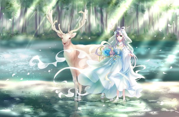 Anime picture 5760x3750 with vocaloid vocaloid china luo tianyi yaduo single looking at viewer fringe highres open mouth smile hair between eyes holding green eyes absurdres purple hair full body outdoors very long hair :d barefoot
