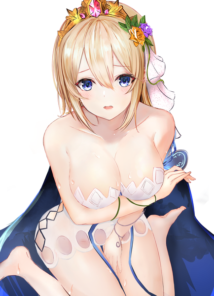 Anime picture 2127x2938 with granblue fantasy europa (granblue fantasy) efuri (riarea00) single tall image looking at viewer blush fringe highres short hair breasts open mouth blue eyes light erotic simple background blonde hair hair between eyes large breasts white background sitting