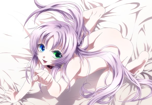 Anime picture 1170x810 with k-project gohands (studio) neko (k project) single long hair looking at viewer open mouth light erotic purple hair legs girl bell