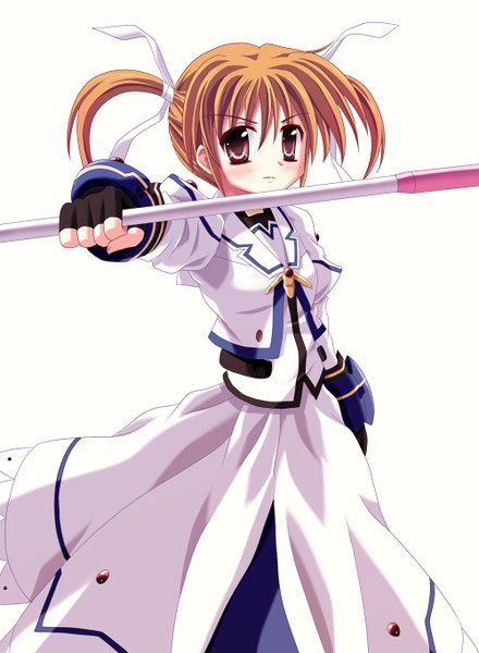 Anime picture 1000x1364 with mahou shoujo lyrical nanoha takamachi nanoha takayuuki (artist) single tall image looking at viewer blush fringe short hair simple background hair between eyes red eyes brown hair standing white background twintails holding girl dress gloves