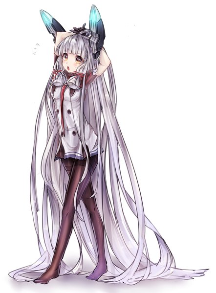 Anime-Bild 2199x2986 mit kantai collection murakumo destroyer aishan (aaaishan) single tall image blush fringe highres open mouth simple background white background brown eyes looking away silver hair full body blunt bangs very long hair no shoes alternate hairstyle arms behind head