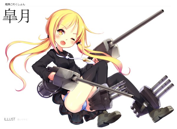 Anime picture 1646x1200 with kantai collection satsuki destroyer blvefo9 single long hair blush open mouth light erotic blonde hair twintails yellow eyes full body one eye closed wink low twintails girl thighhighs skirt underwear panties