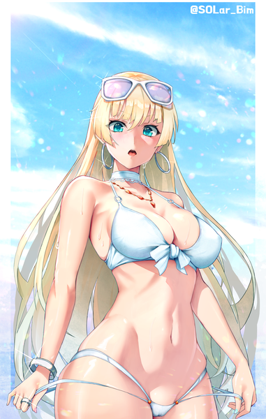Anime picture 2480x3898 with original solar (happymonk) single long hair tall image looking at viewer blush fringe highres breasts open mouth blue eyes light erotic blonde hair hair between eyes large breasts standing bare shoulders signed sky