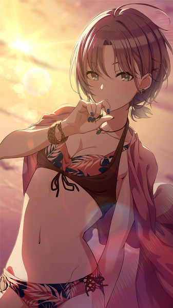Anime picture 1080x1920 with idolmaster idolmaster shiny colors asakura tooru amochin single tall image short hair brown hair ahoge outdoors nail polish wind grey eyes piercing groin evening ear piercing sunset low ponytail hand to mouth