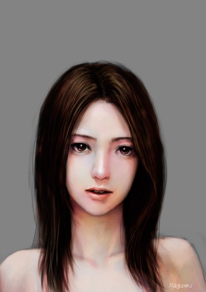 Anime picture 1024x1448 with original nagumo (qmzp10) single long hair tall image looking at viewer simple background brown hair bare shoulders brown eyes signed lips realistic grey background portrait girl