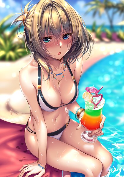 Anime picture 842x1200 with idolmaster idolmaster cinderella girls takagaki kaede piromizu single tall image looking at viewer blush fringe short hair breasts open mouth blue eyes light erotic hair between eyes large breasts bare shoulders holding sky cleavage