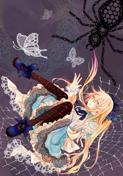 Anime picture 1000x1429 with alice in wonderland alice (wonderland) madogawa long hair tall image open mouth blue eyes blonde hair sitting looking away looking up falling multicolored girl dress bow hair bow earrings pantyhose insect