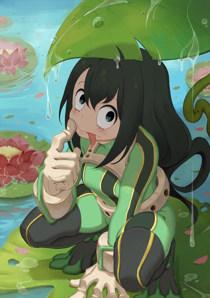 Anime picture 1414x2000 with boku no hero academia studio bones asui tsuyu handesu single long hair tall image looking at viewer fringe black hair hair between eyes from above black eyes squat :p long tongue girl gloves flower (flowers) white gloves