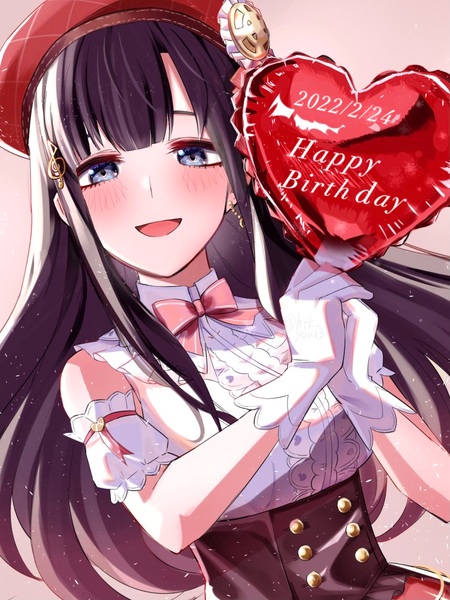 Anime picture 1033x1377 with virtual youtuber nijisanji suzuka utako htk you13 single long hair tall image looking at viewer blush open mouth blue eyes black hair simple background holding upper body :d dated pink background happy birthday treble clef