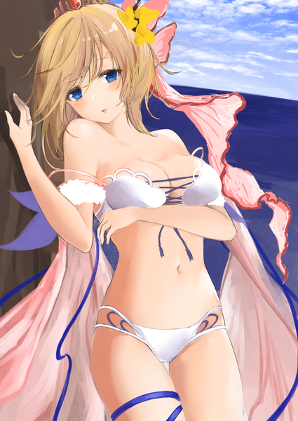 Anime picture 1063x1500 with granblue fantasy europa (granblue fantasy) leglus single tall image blush fringe short hair breasts blue eyes light erotic blonde hair hair between eyes standing bare shoulders sky cleavage cloud (clouds) outdoors bare belly