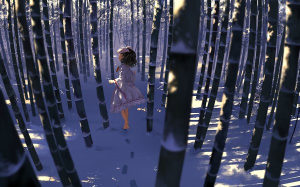 Anime picture 1920x1200 with touhou inaba tewi suna (s73d) single highres short hair black hair red eyes animal ears full body outdoors looking back barefoot from behind bunny ears snow walking footprints bamboo forest girl