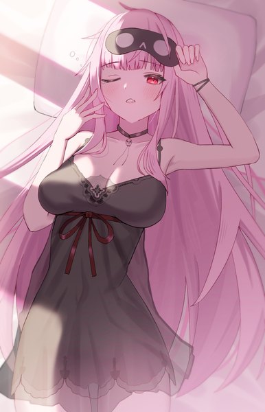 Anime picture 2006x3117 with virtual youtuber hololive hololive english mori calliope mori calliope (6th costume) o-e331 single long hair tall image looking at viewer blush fringe highres breasts light erotic red eyes large breasts pink hair lying blunt bangs