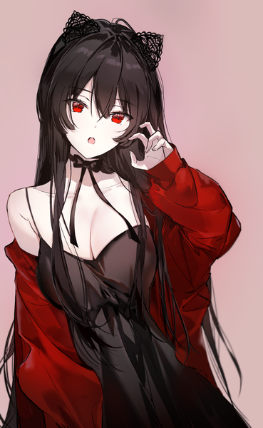 Anime picture 739x1200 with original naru (ul) single long hair tall image looking at viewer fringe breasts open mouth light erotic black hair simple background hair between eyes red eyes large breasts standing animal ears cleavage upper body ahoge