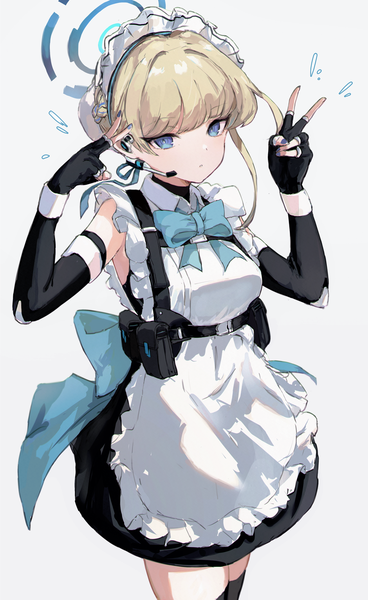Anime picture 969x1579 with blue archive toki (blue archive) yoyopipa single tall image looking at viewer fringe short hair blue eyes simple background blonde hair standing white background blunt bangs nail polish maid hair bun (hair buns) victory expressionless girl