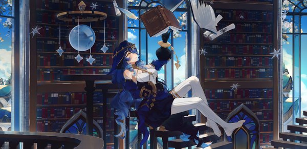 Anime picture 6081x2948 with genshin impact layla (genshin impact) swkl:d single long hair fringe highres wide image yellow eyes blue hair absurdres full body arm up hair over one eye no shoes drill hair looking up reclining girl pantyhose
