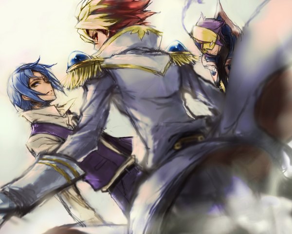 Anime picture 1219x977 with star driver tsunashi takuto sugata shindou miyabi reiji c (rahit) blonde hair white background blue hair purple hair red hair multicolored hair from behind multiple boys dutch angle boy mask coat fabulous